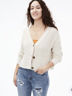 Aeropostale Open Knit Cropped Thick Sweater Women's Size Small Cream Boho Beach